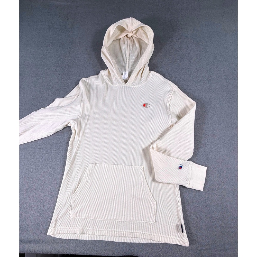 Champion Cream Waffle Knit Hoodie Mens‎ Medium Thermal Pullover Sweatshirt